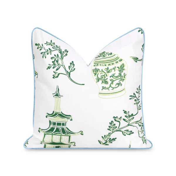 Coastal Indoor Outdoor Throw Pillow Cover, Chinoiserie with Piping, Baby Blue Green, 20"x20" | Hofdeco