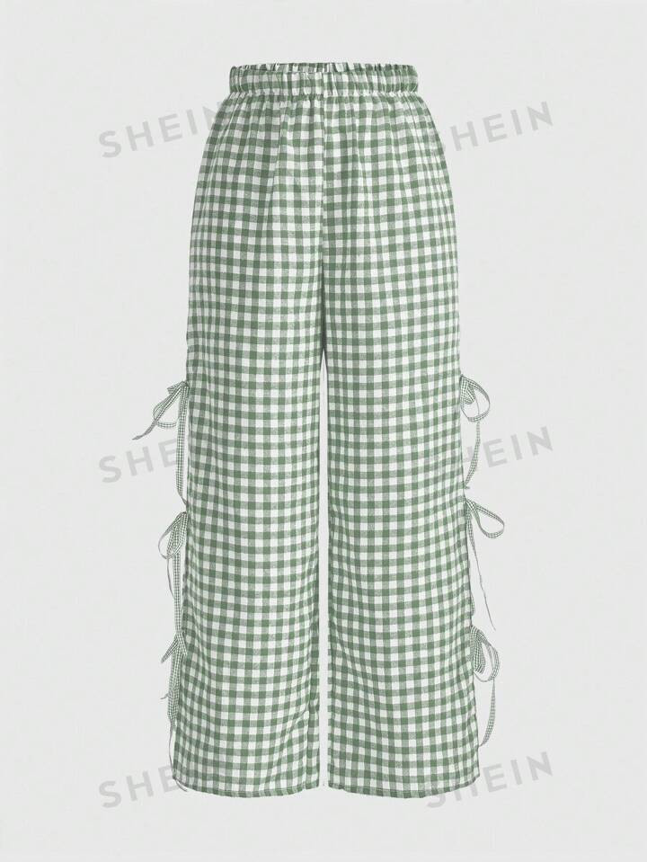 ROMWE Kawaii Plaid Printed Drawstring Elastic Waist Wide Leg Casual Pants | SHEIN