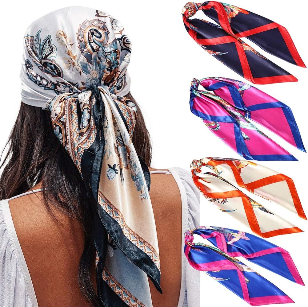 35” Satin Large Square Head Scarves - 4PCS Silk Like Neck Scarf Hair Sleeping Wraps Lightweight... | Amazon (US)