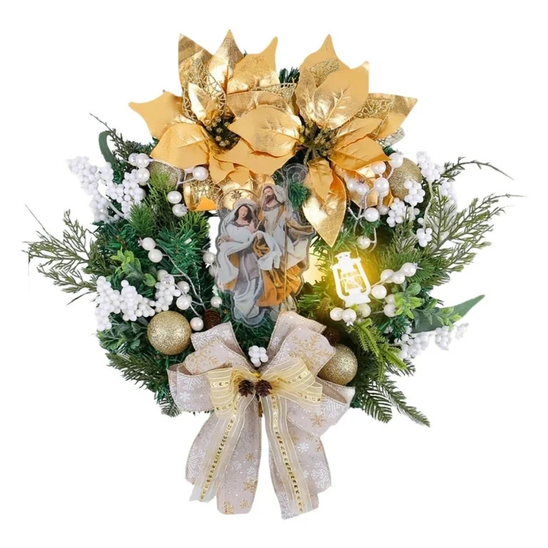 HioHa Christmas Wreath with Golden Poinsettia & Lights, 16-Inch Front Door Holiday Decor Wreath w... | Walmart (US)
