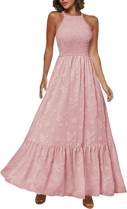 BerryGo Women's Embroidery Pearl Button Down Dress V Neck Spaghetti Strap Maxi Dress | Amazon (US)