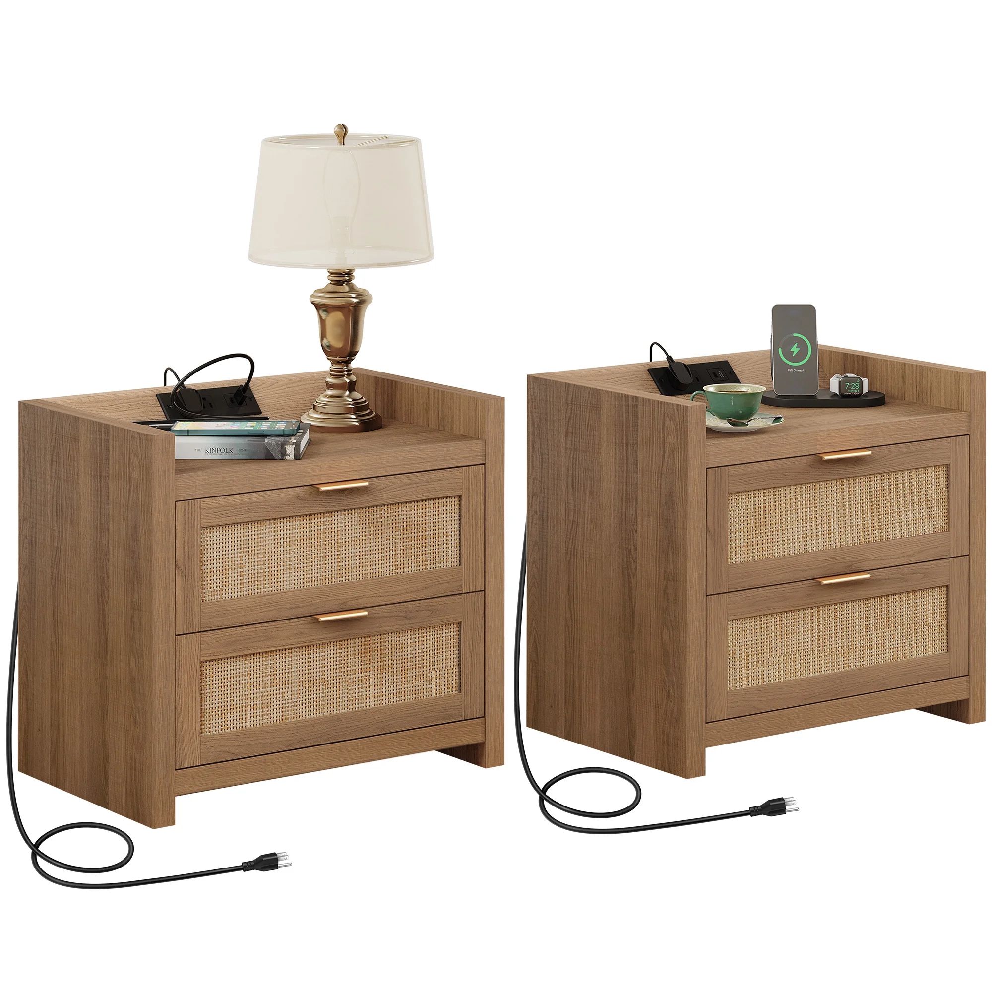 Sanspredet Rattan Nightstand Set of 2 Bedside Table with USB Type-C Charging Station Modern End S... | Walmart (US)