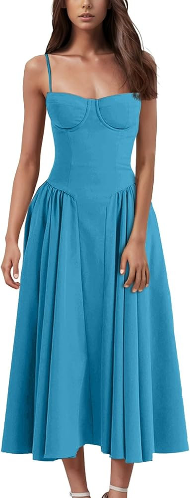 Corset Midi Dress Spaghetti Strap Bustier Midi Dress Flowy Pleated Hem Low Cut Prom Dresses with ... | Amazon (US)