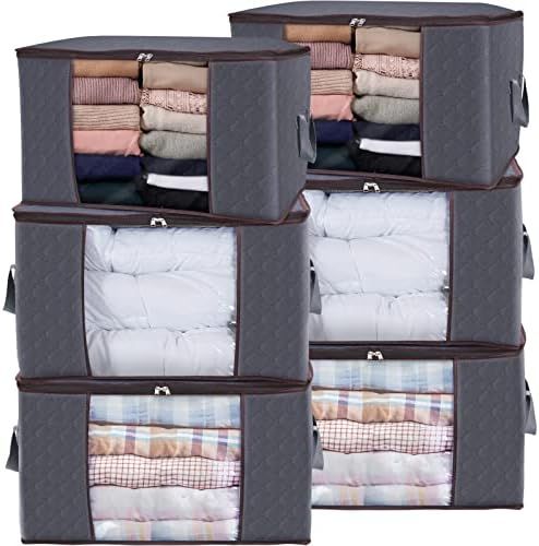 90L Large Storage Bags, 6 Pack Clothes Storage Bins Foldable Closet Organizers Storage Containers with Durable Handle for Clothing, Blanket, Comforters, Bed Sheets, Pillows and Toys (Gray) | Amazon (US)