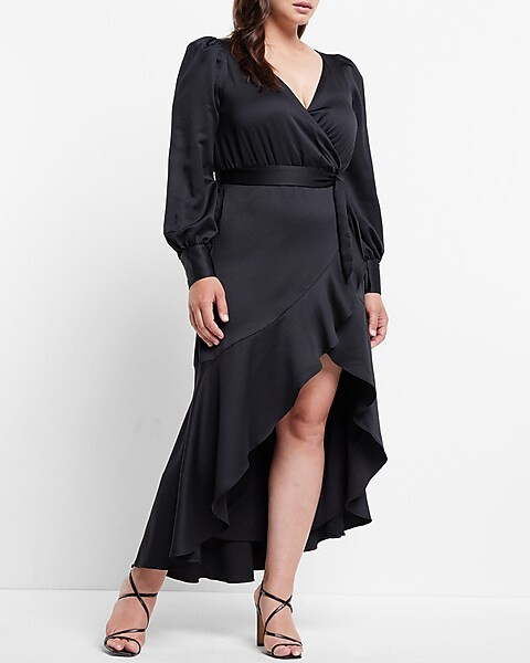 Textured Faux Wrap Ruffle Hi-Lo Maxi Dress | Express