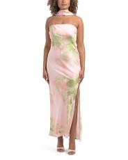 Strapless Floral Satin Dress With Neck Scarf | TJ Maxx