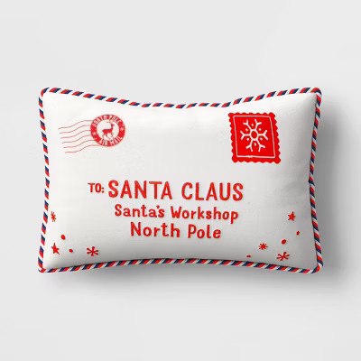 18"x12" 'To Santa Claus' Envelope Rectangle Christmas Novelty Throw Pillow White - Wondershop™ | Target