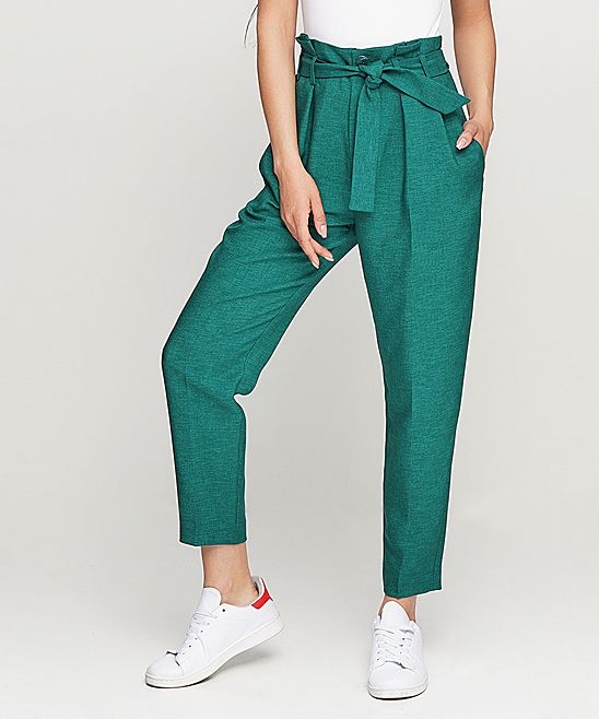 Jhiva Women's Casual Pants Green - Green Paper Bag Pants - Women | Zulily