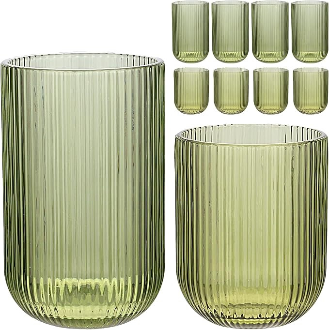 Set of 8 Ribbed Glassware,4 Highball Glasses 14oz & 4 Rocks Drinking Glasses 9oz, Green, Origami ... | Amazon (US)