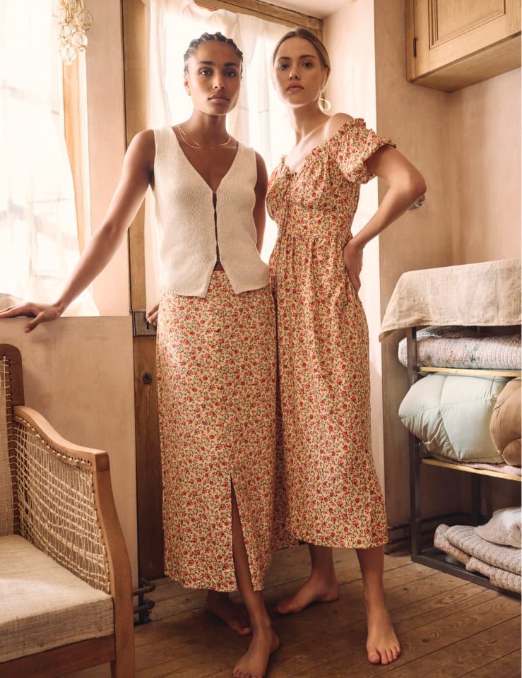 Cream Rose Print Genevieve Bardot Midi Dress | Nobody's Child