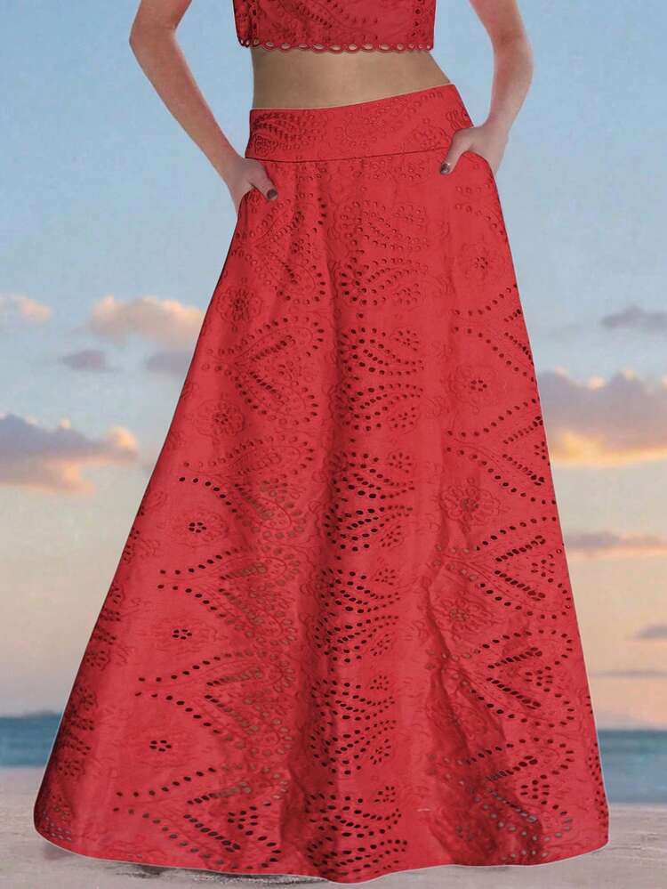 (1 Piece)Vintage Floral Hollow Out Full Embroidery A-Line Midi Skirt, Elegant And Refined Skirt, No Vest Included, Christmas PartyLook, Newyear Eve, Valentine's Day, Going Out Skirt #Autumn | SHEIN