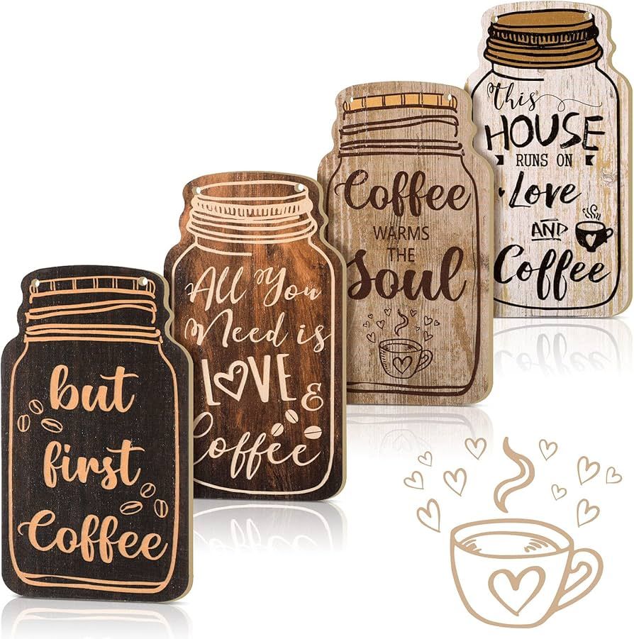 4 Pieces Wood Coffee Sign Decorative Rustic Wood Coffee Bar Sign Wall Hanging Plaque All You Need... | Amazon (US)