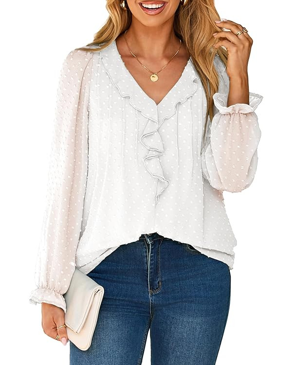 Simplee Womens Dressy Long Sleeve Blouse Casual V-Neck Ruffle Business Tops Chiffon Work Ladies S... | Amazon (US)