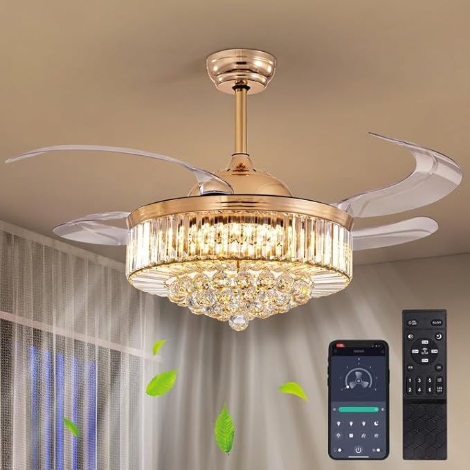 CROSSIO 48" Modern Gold Crystal Ceiling Fan with Light and Remote Crystal Fandelier LED Dimmable ... | Amazon (US)