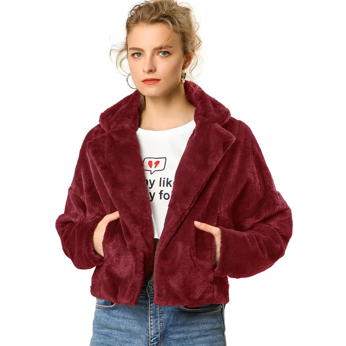 Allegra K Women's Cropped Notch Lapel Open Front Faux Fur Fluffy Coat | Target
