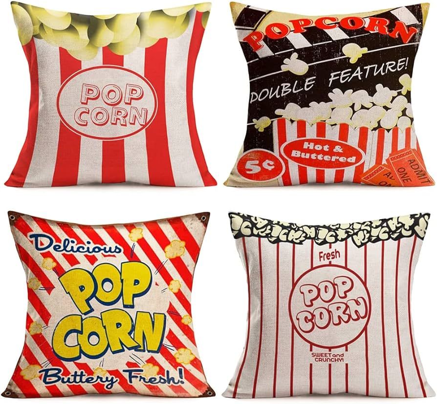 Doitely Set of 4 Popcorn Series Throw Pillow Covers with Buttery Fresh Delicious Popcorn Throw Pi... | Amazon (US)