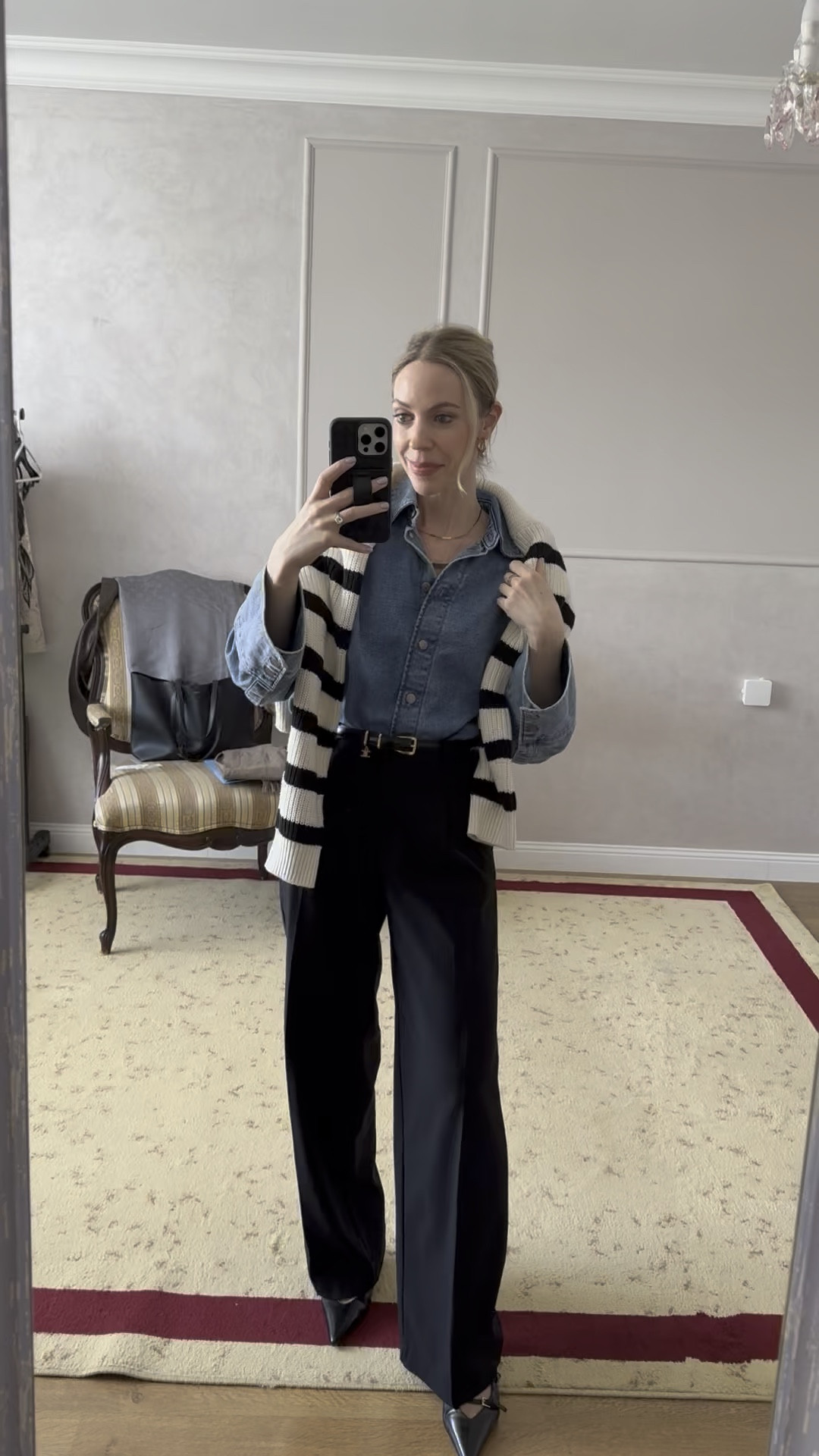 Work wear outfit, office look, spring fashion, denim shirt, striped cardigan over shoulders, slingback pumps, Celine belt 

#LTKWatchNow #LTKWorkwear #LTKFindsUnder100