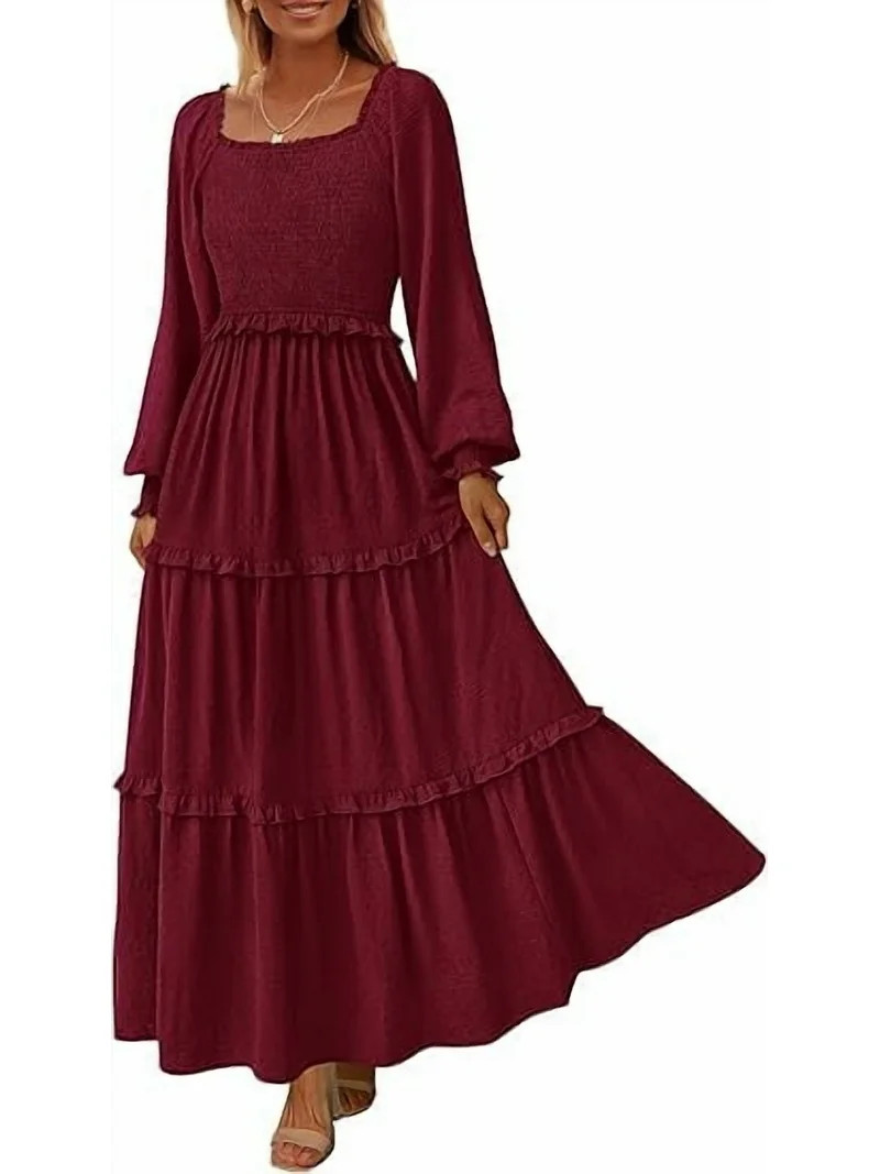 PRETTYGARDEN Women's Spring Long Sleeve Smocked Maxi Dress Casual Square Neck Swiss Dot Tiered Ru... | Walmart (US)