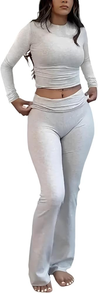 ZFLM Casual Workout Two Piece Outfits Long Sleeve High Waist Fold-Over Flared Leggings Pants Trac... | Amazon (US)