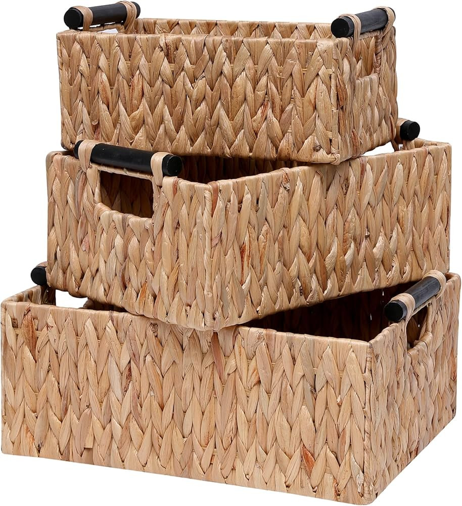 Wicker Storage Basket Shelf Bakets Hand-Woven Water Hyacinth Woven Storage Basket with Wooden Han... | Amazon (US)
