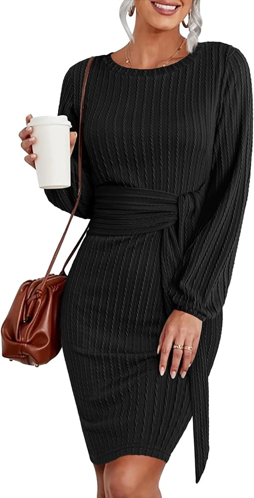 HOTOUCH Women's Casual Knit Dress Long Lantern Sleeve Fall Bodycon Dress Crewneck Tie Waist Rib K... | Amazon (US)