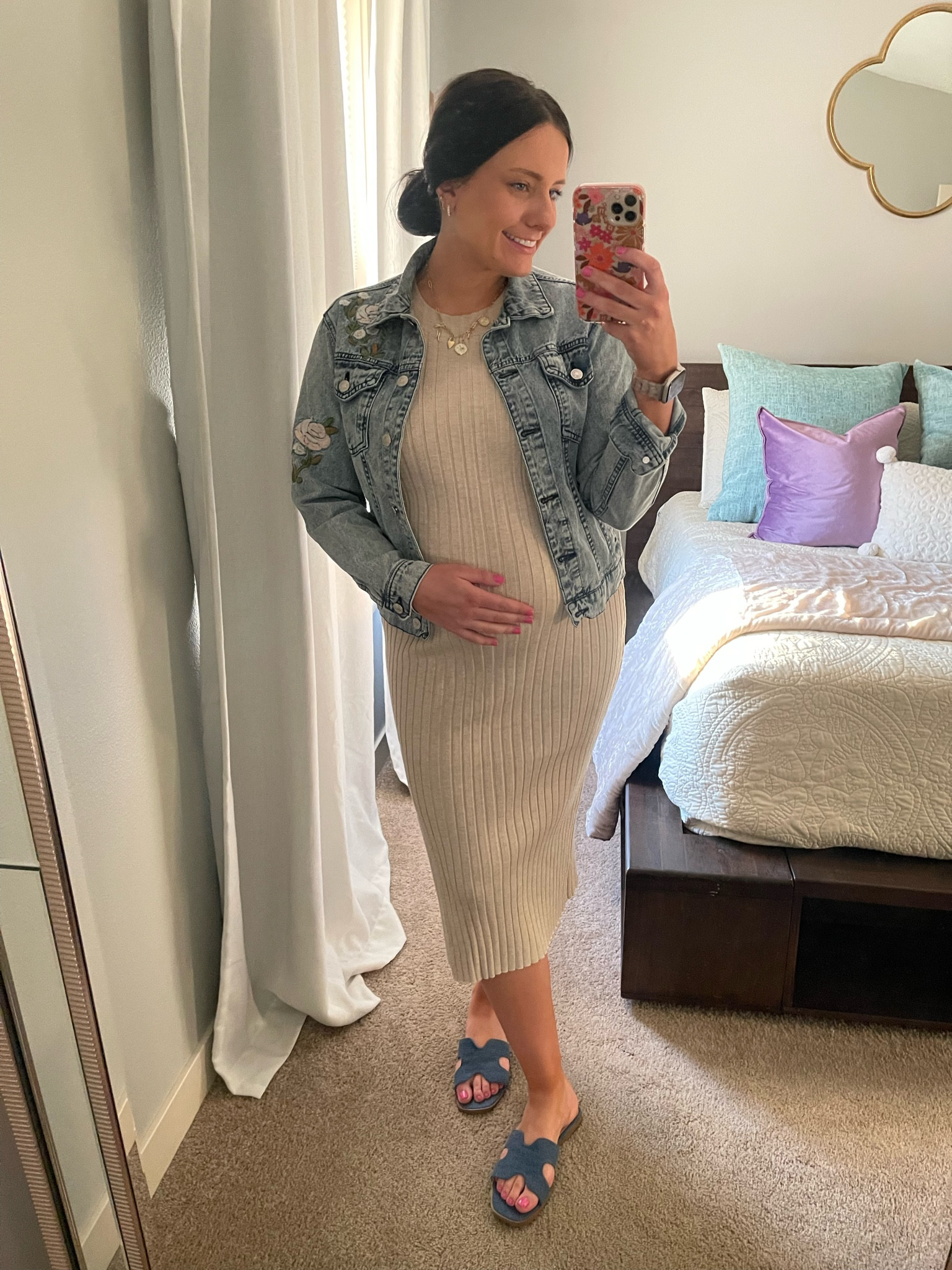 Maternity dress outfit! Denim slides and midi fitted dress! 

#LTKbump #LTKworkwear
