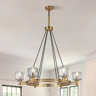 KAYLA 36 in. 6-Light Gold Farmhouse Wagon Wheel Chandelier with Crystal Lampshade - Bed Bath & Be... | Bed Bath & Beyond