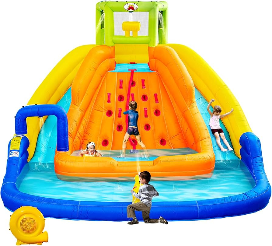 WELLFUNTIME Inflatable Water Slide, Bounce House with Water Bucket, Deep Pool, Climbing Wall with... | Amazon (US)