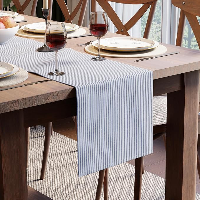 Encasa XO Cotton Dining Table Runner | Ticking Navy Blue | Size 13x94 in - Machine Washable & Dur... | Amazon (UK)