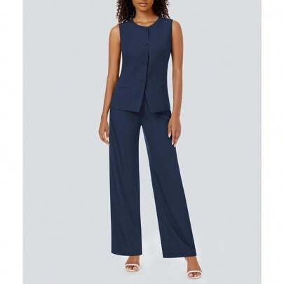 Women's Summer 2 Piece Blazer Outfits Sleeveless Crewneck Vest Wide Leg Pantsuit 2025 Dressy Casual Work Sets | SHEIN