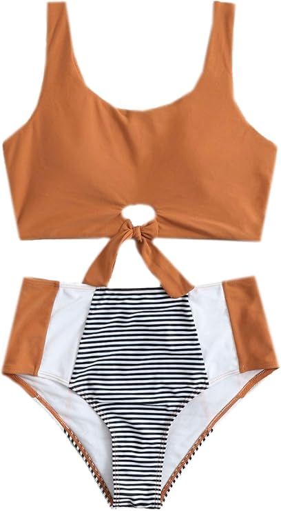 SheIn Women's Colorblock Striped Knot Hem Wireless Swimsuit High Waisted Bikini Set | Amazon (US)