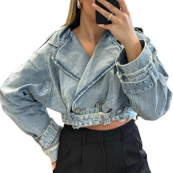 Women Cropped Denim Jacket 2024 Trendy Long Sleeve Button Down Short Jean Jackets Fall Casual Coa... | Amazon (US)