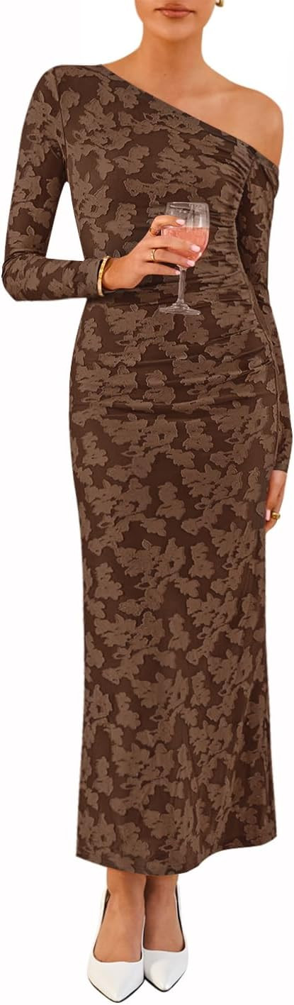 ZESICA Women's Fall Floral Off Shoulder Bodycon Maxi Dresses 2025 Long Sleeve Ruched Elegant Cock... | Amazon (US)