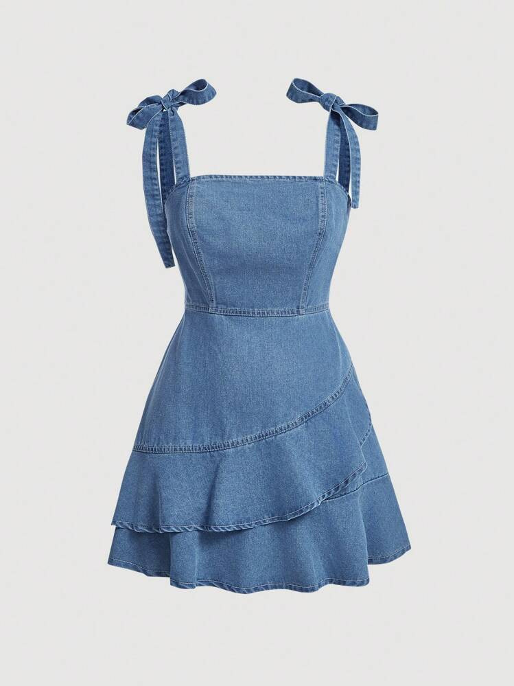 SHEIN MOD Women's Summer Casual Denim Sundress With Ruffled Straps | SHEIN