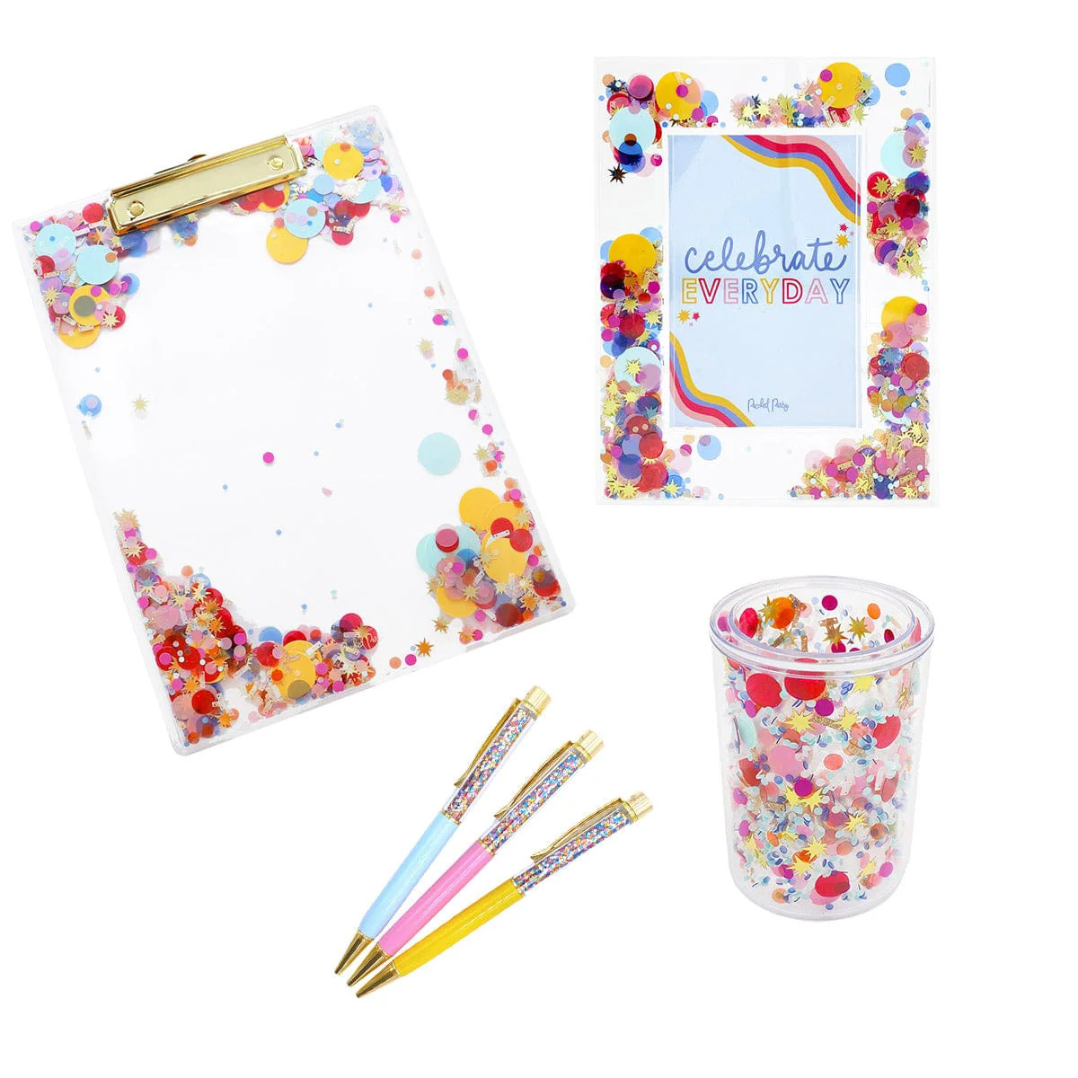 Celebrate Every Day Teacher's Bundle With Confetti Clipboard, Photo Frame, Pens, and Pen Cup | Packed Party