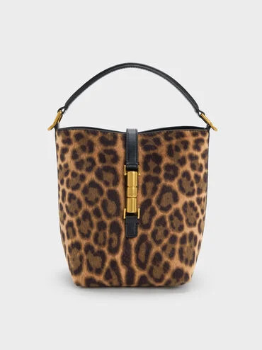 Multicoloured Cesia Leopard-Print Metallic-Accent Bucket Bag | CHARLES & KEITH | Charles & Keith US