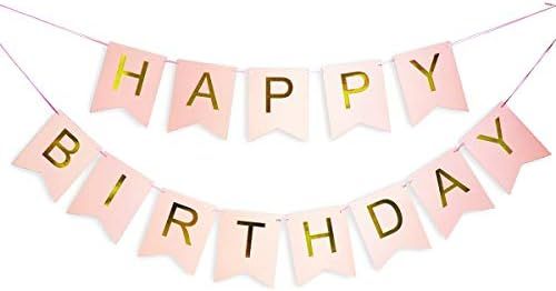 Pink Happy Birthday Banner with Shimmering Gold Letters, Happy Birthday Bunting Banner for Party Dec | Amazon (US)