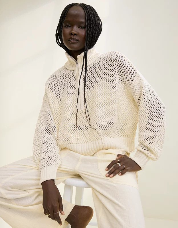 Aerie Crochet Quarter Zip Sweater | Aerie