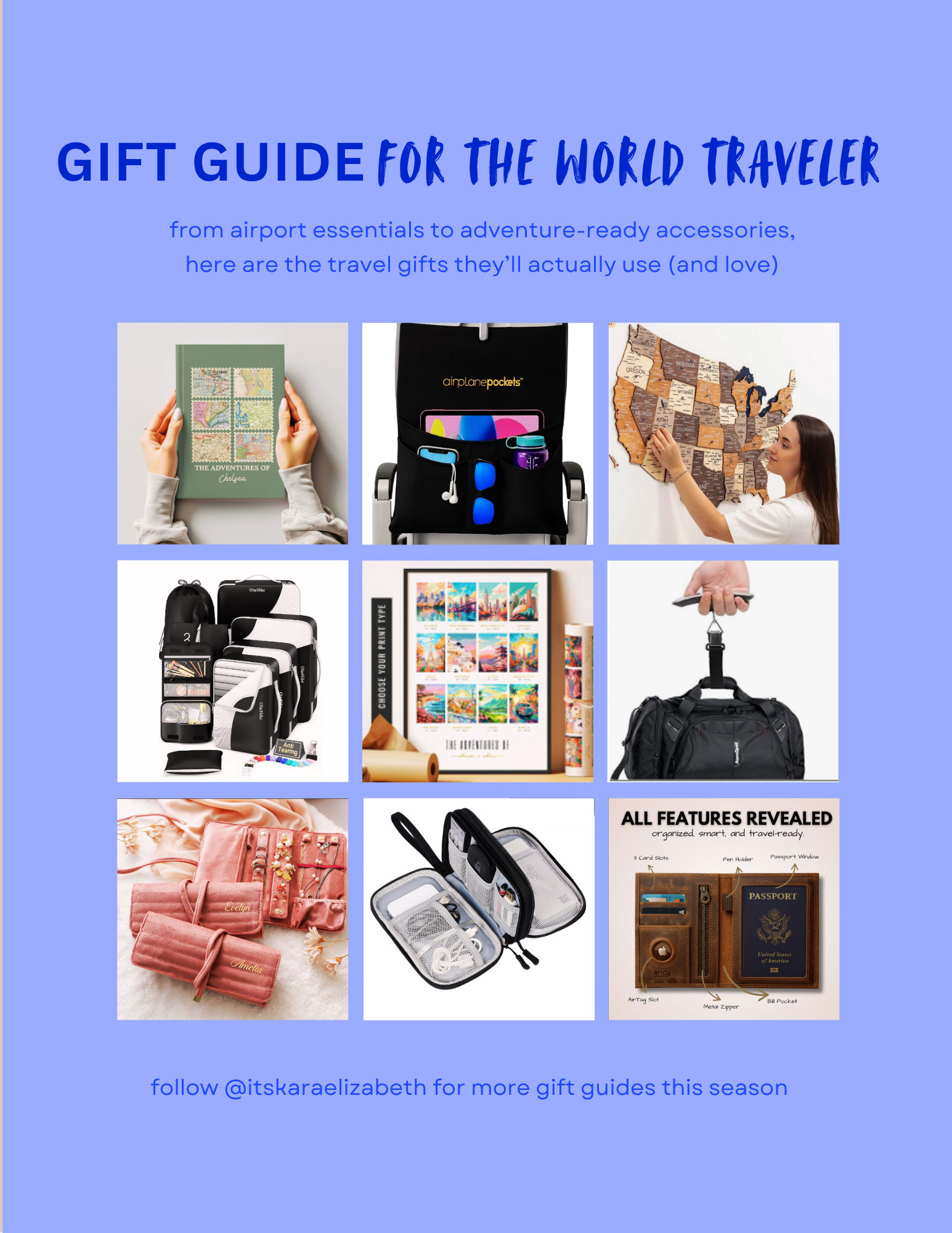 ✨✈️ Traveler’s Gift Guide ✈️✨

For your favorite wanderluster — the one who always has their next adventure planned — these travel-friendly gifts are perfect for making every trip smoother and more meaningful 👇

📓 Personalized Travel Journal – A beautiful way to document memories, moments, and all the little details from every destination.
🪑 Airplane Seat Back Organizer – Keeps snacks, tech, and essentials right within reach for stress-free flights.
🗺️ U.S. Push-Pin Travel Map – A stunning keepsake to mark every place they’ve visited (and daydream about where to go next).
🧳 Packing Cubes – The secret to staying organized and maximizing suitcase space on any trip.
🖼️ Personalized Travel Collage Wall Art – A unique piece that turns their favorite travel memories into a meaningful display.
⚖️ Hand-Held Digital Luggage Scale – Saves them from airport surprises and overweight baggage fees.
💍 Personalized Jewelry Organizer – Keeps necklaces, rings, and earrings tangle-free and travel-ready.
🔌 Travel Cable Organizer – No more tangled cords—everything stays neat, compact, and easy to find.
📘 Personalized Passport Holder (with AirTag Slot) – Stylish, secure, and perfect for keeping their most important travel essential safe and trackable.

All of these travel favorites (and even more!) are linked on my LTK page ✨🌍
#LTKtravel #GiftGuide #HolidayGifts #TravelMustHaves 

 #LTKGiftGuide #LTKHoliday #LTKTravel