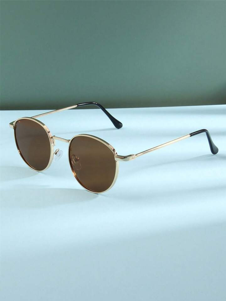 Vintage Minimalist Oval Decor Women Casual Metal Sunglasses Men Traveling Sun Block Brown Commuti... | SHEIN