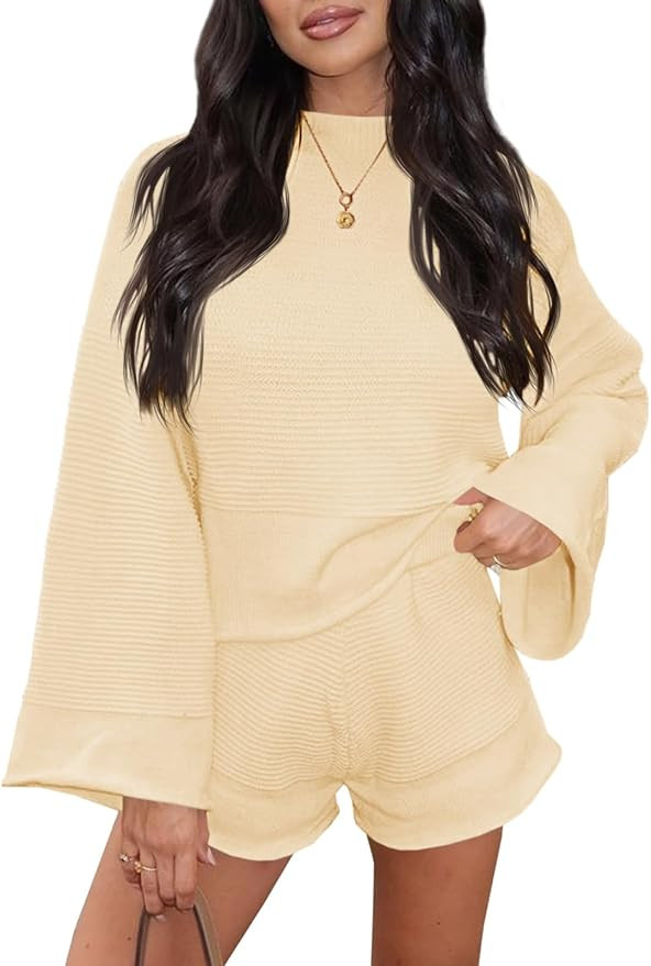 Tankaneo Womens 2 Piece Short Sets Bell Sleeve Mock Neck Oversized Sweater and Shorts Fall Sweate... | Amazon (US)