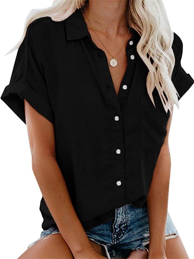 Beautife Womens Short Sleeve Shirts V Neck Collared Button Down Shirt Tops with Pockets | Amazon (US)