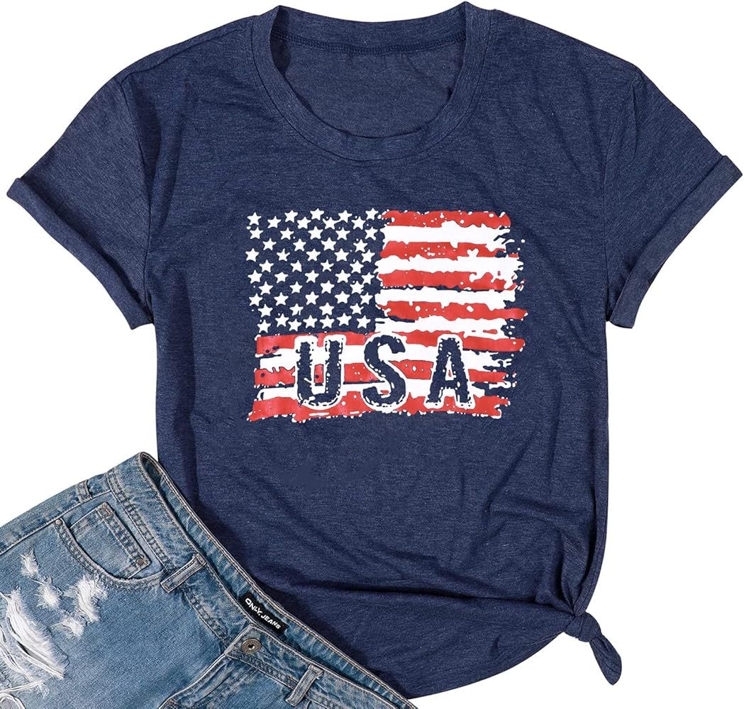 Women American Flag Shirt USA 4th of July Independence Day T-Shirt Patriotic Stars Stripes Short Sle | Amazon (US)