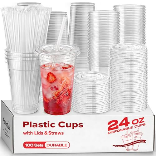 100 Pack 24 oz Plastic Cups with Lids and Straws, Clear Disposable Plastic Cups, Heavy Duty Iced Coffee Cups with Leak-Resistant Lids, Cold Drink Cups for Smoothies, Juice, Soda & Party To Go | Amazon (US)