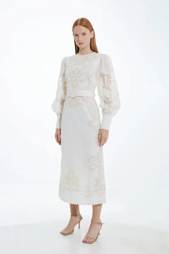Cutwork Organdie Balloon Sleeve Woven Midi Dress | Karen Millen US