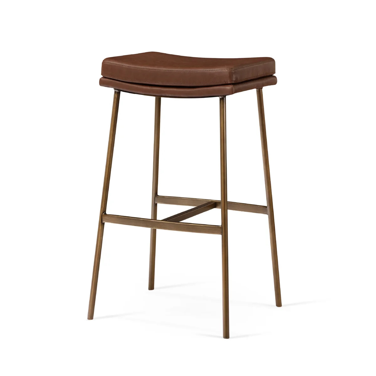 Maven Lane Berkley Bar Stool In Antiqued Brass With Cocoa Brown Faux Leather | Wayfair North America