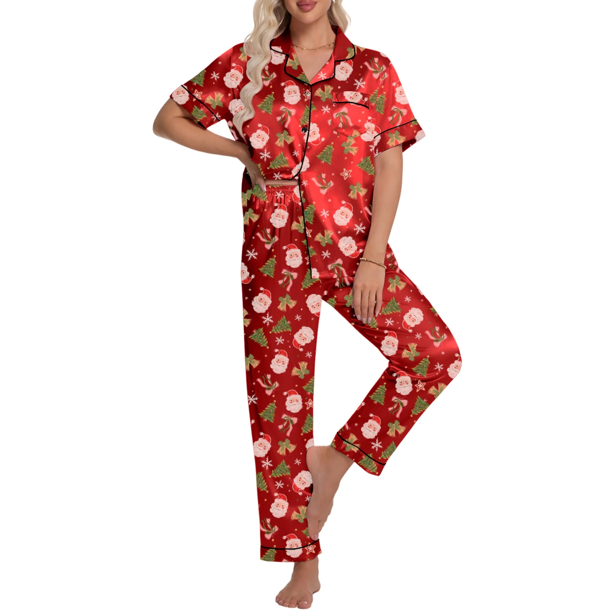 DAKIMOE Silk Satin Pajamas Set for Women Two-Piece Short Sleeve Shirt with Long Pajama Pant Set S... | Walmart (US)