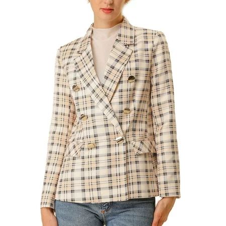 Women's Notched Lapel Double Breasted Plaid Blazer with Pocket XS Pink Apricot | Walmart (US)