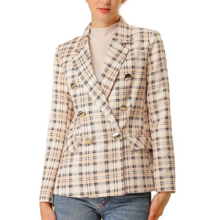 Women's Notched Lapel Double Breasted Plaid Blazer with Pocket XS Pink Apricot | Walmart (US)