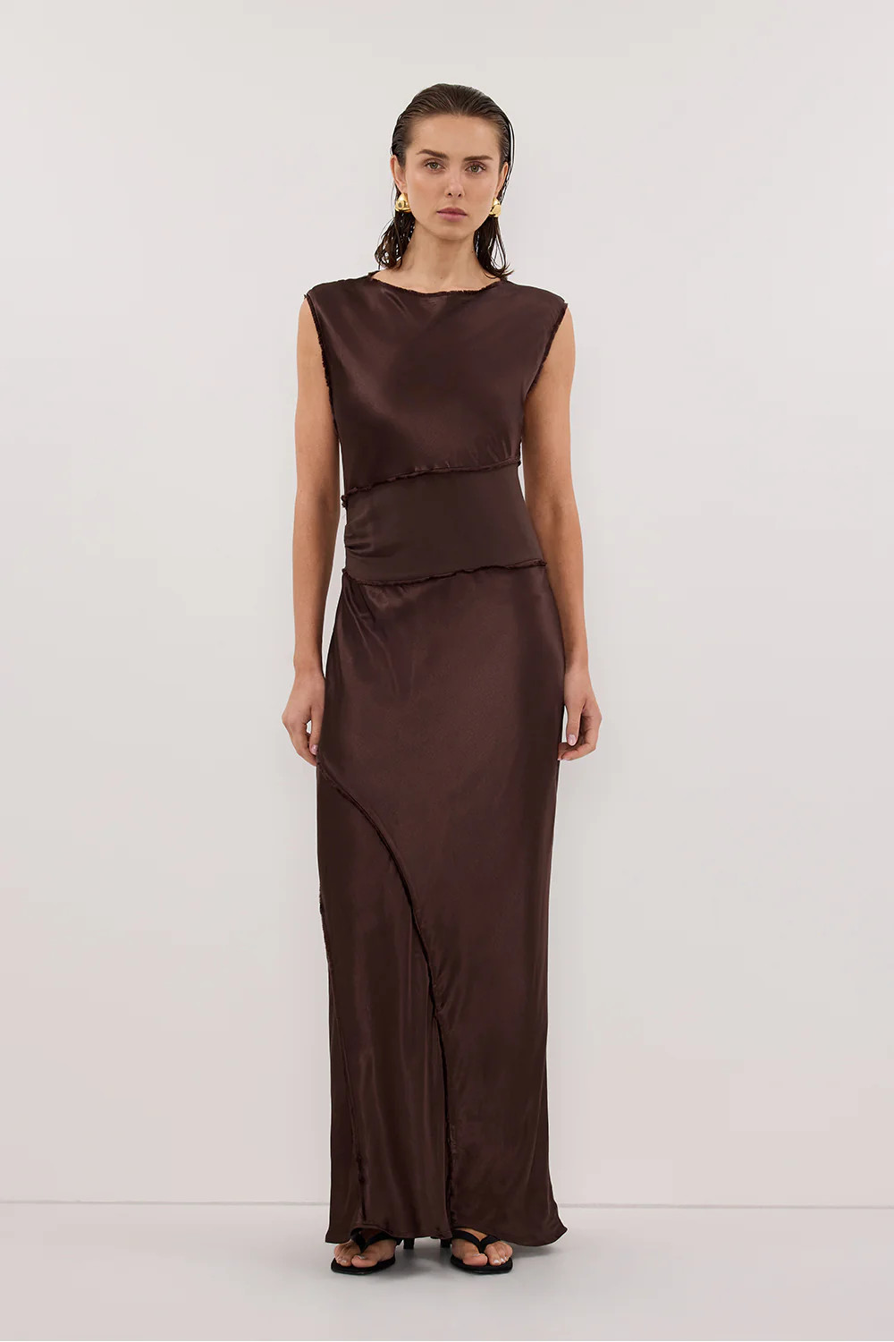 MONICA BITTER CHOCOLATE SATIN MIDI DRESS | DISSH
